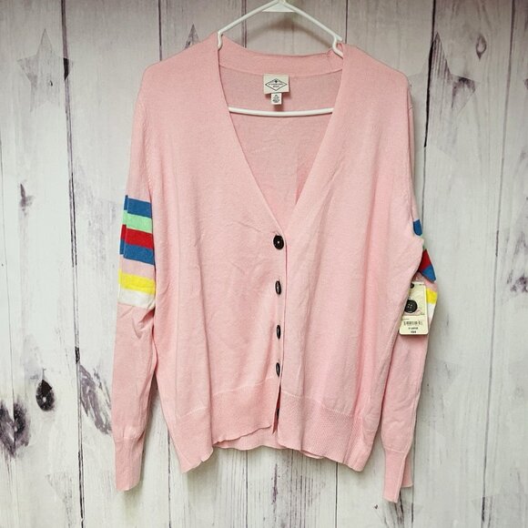 St. Johns Bay Womens Pink Button Front Retro Stripe Cardigan Sweater XL - Picture 1 of 5